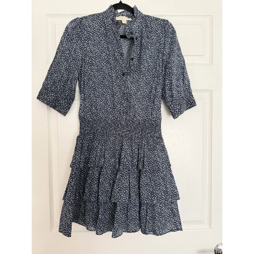 Michael Kors Floral Cotton Lawn Tiered Mini Dress Smocked Waist Navy Blue Medium